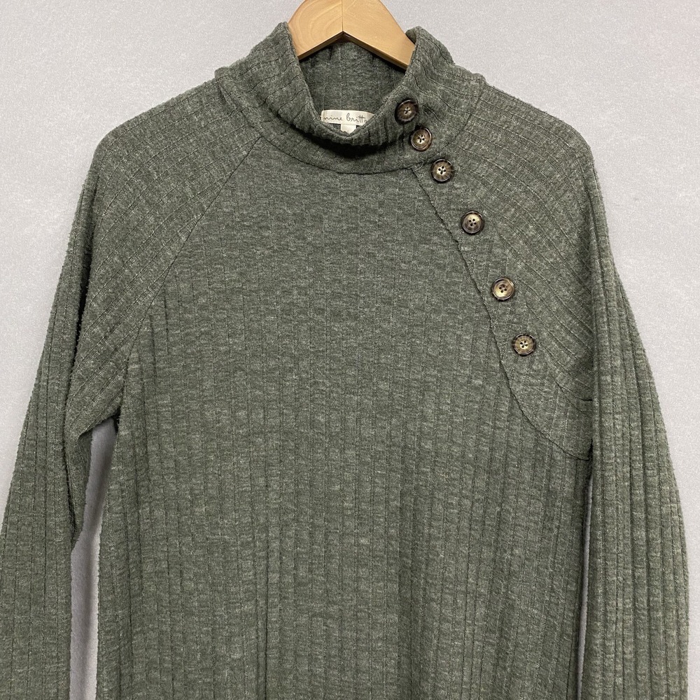 Nine Britton Women L Sweater Dress Green Mock Neck Button Trim Lagenlook Ribbed